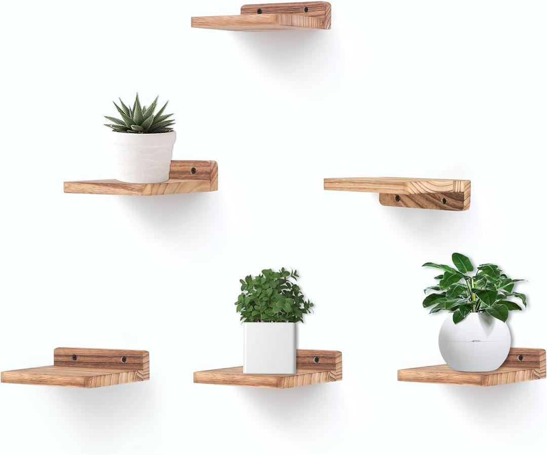 Small Floating Shelf, 5x6 Inch Display Ledges for Wall,Mini Shelves,Rustic Wood Shelf for Bedroom Living Room Bathroom Kitchen (6, Carbonized Black)