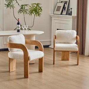 Christopher Knight Home Yorick Modern Boucle Dining Chair Set of 2 with Cushion, Solid Wood Dining Room Armchair Set, Curved Backrest Kitchen Side Chair, Living Room Comfy Extra Seat, Natural+White