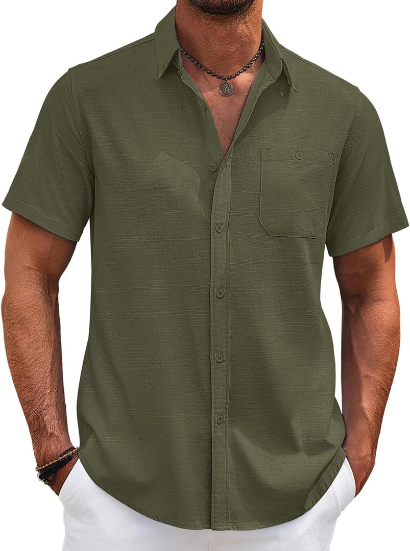 COOFANDY Men's Cotton Linen Shirts Short Sleeve Casual Shirts Summer Button Down Shirt Linen Beach Vacation Shirt (Large, Army Green)