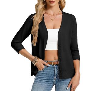 Gracew Karin Cardigan Sweaters for Women Casual 3/4 Sleeve Lightweight Cardigans 2026 Summer Spring Button Down Sweater Tops (Black, L)