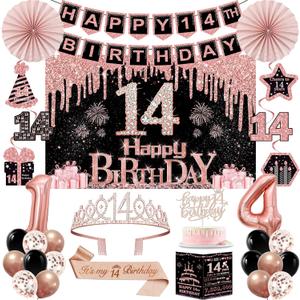14th Birthday Decorations for Girls,32PCS 14th Birthday Party Decorations, Including Backdrop, Crown, Sash, banner, Hanging Swirl, balloons, Cake Topper, Paper Fans and Anniversary Card