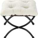 15" Foldable Foot Stool Ottoman with Metal Frame - Washable Faux Fur Beige Upholstered Indoor/Outdoor Footrest for Living Room, Bedroom, Patio - Space-Saving Compact Design