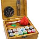 Flytreal Sewing Kit Small Box Basket, Wooden Hand Home Sewing Repair Tool Kit, Beginner Universal Sew Kit Accessories for Women, Men, Adults, Girls, Kids