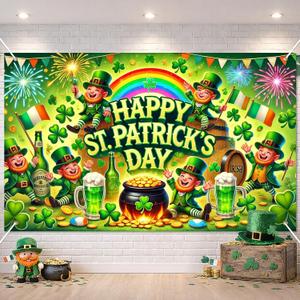 St. Patrick's Day Banner 71x43 Inch Leprechaun Shamrock Irish Party Decorations Outdoor Porch Entrance Celebration Green Holiday Display Background for Happy St. Patrick's Day Decor