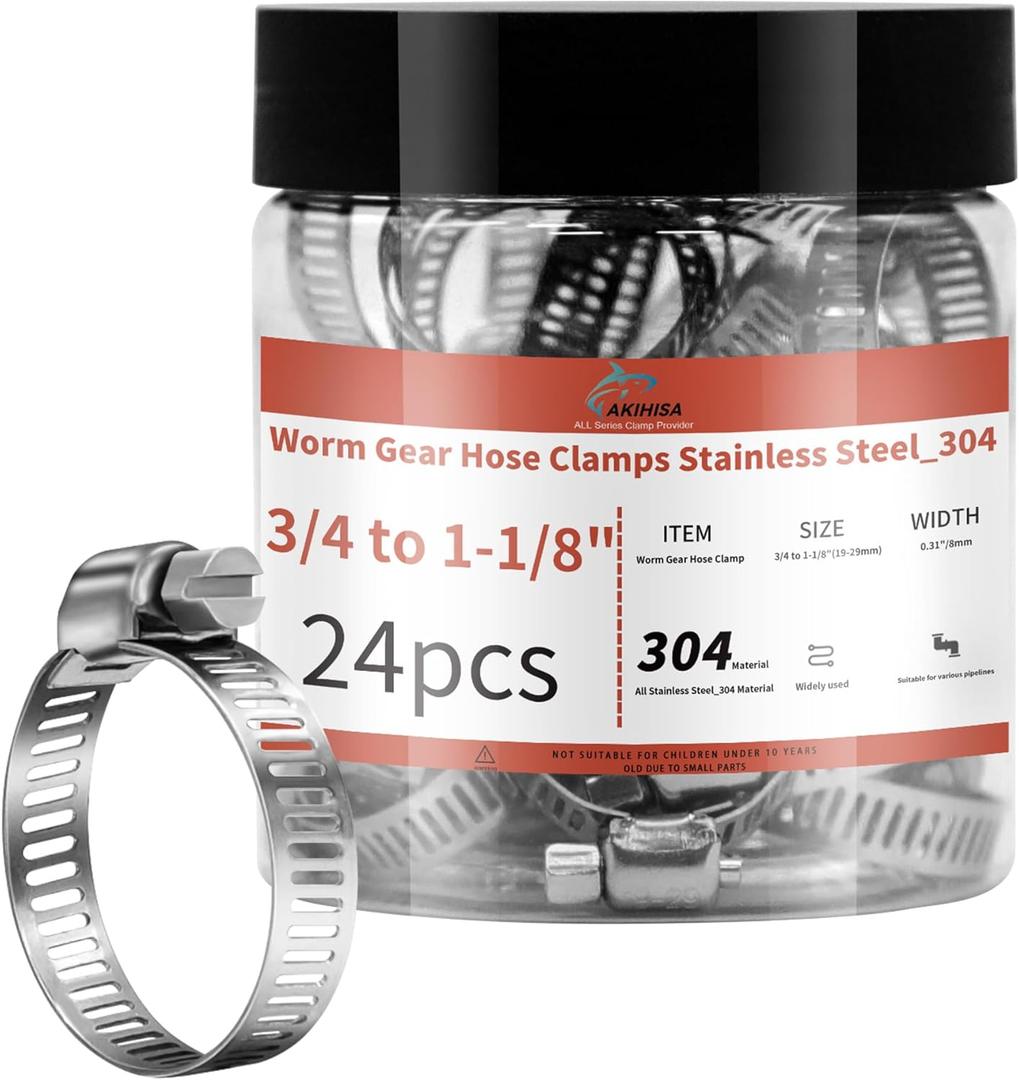 24 Pack 3/4'' - 1 1/8'' Worm Gear Hose Clamps, Adjustable Range 19-29mm 304 Stainless Steel Fuel Line Hose Clamps for Pipe, Plumbing, Automotive And Mechanical Application