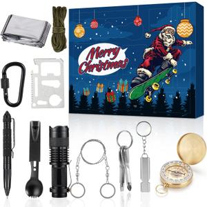 Survival Kit Advent Calendar Adult Men Teen, 12 Day Man Countdown Calendar with Survival Tool Xmas Surprise Gifts for Teen Boys Husband Brother Outdoor Enthusiasts