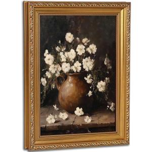 Vintage Gold Framed Wall Art for Living Room Rustic Flower Wall Decor Retro Moody White Floral Still Life Oil Painting Picture Country Floral Canvas Prints for Living Room Bedroom 16x24in