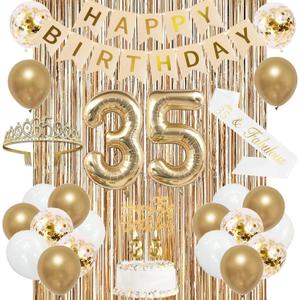 Trgowaul 35th Birthday Decorations for Women, Banner, Sash and Crown, Cake Topper, 35 Number Balloon, Fringe Curtains, Champagne Gold 35th Birthday Party Supplies