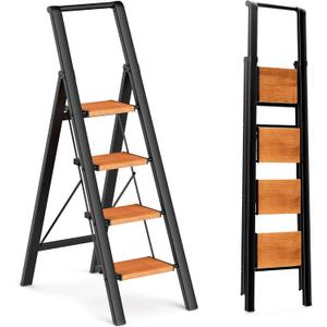 GameGem 4 Step Ladder, Lightweight Aluminum Folding Step Stool with Convenient Handgrip, Stepladders with Anti-Slip and Wide Pedal for Home Use Space Saving - Black+Woodgrain