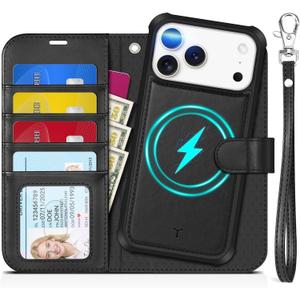 TUCCH 2-in-1 Detachable Wallet Case for iPhone 17 Pro Max (6.9") 2025, Wireless Charging | RFID Blocking 4 Card Holder | Wrist Strap | Kickstand | Magnetic | PU Leather | Protective Flip Cover | Black