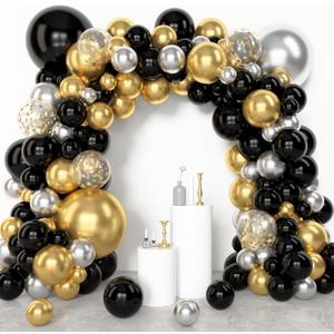 Amandir 153pcs Black and Gold Balloons Arch Garland Kit Different Sizes 18 12 10 5inch Silver Latex Metallic Confetti Graduation Balloons Class of 2026 Decorations Birthday Graduation Party Supplies