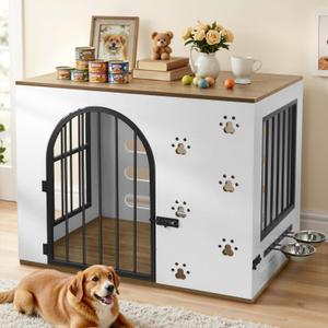 32" Dog Crate Furniture for Small Medium Dogs, Heavy Duty Wood Metal Indoor Dog Kennel with Bowls, Decorative Pet Cage Dog House as TV Stand, White & Wood