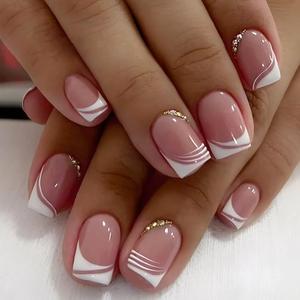 Press on Short Square Acrylic Fake Nails with Apricot Design Full Cover False Glossy Nude Glue on Artificial Stick on Nails for Women 24Pcs (French White Rhinestones)