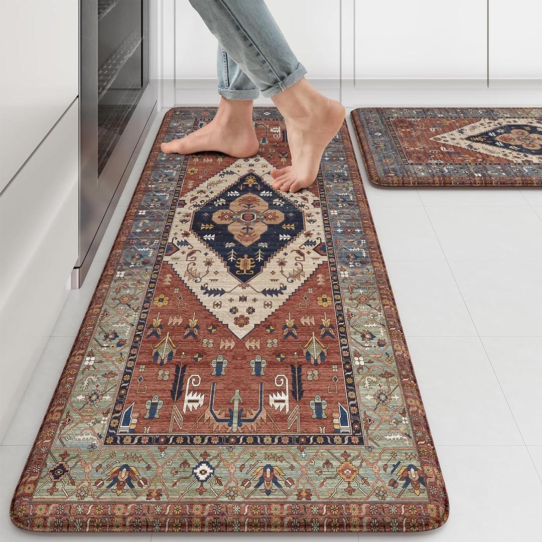 KIMODE Farmhouse Kitchen Mats, Anti Fatigue Kitchen Rugs Sets of 2, Non Slip Waterproof Kitchen Floor Mats, Ergonomic Cushioned Comfort Standing Mat for Laundry, Office, Sink, Desk, Red (17.3" x 47 "+ 17.3" x 29 "--0.47 inches)