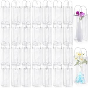 LEIFIDE 50pcs Clear Plastic Gift Bags with Handles PVC Reusable Transparent Totes Bags for Goodie Candy School Birthday Party(3.9 x 9.8 x 3.9 Inch)