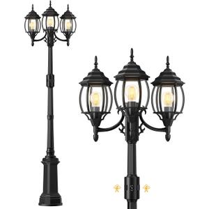 Redluck Motion Sensor Outdoor Post Lights, 3-Head Dusk to Dawn Outdoor Lamp Post Light, 360 Detection Waterproof Anti-Rust Aluminum Street Light for Backyard Garden Patio Driveway (Black(without outlet), Black)
