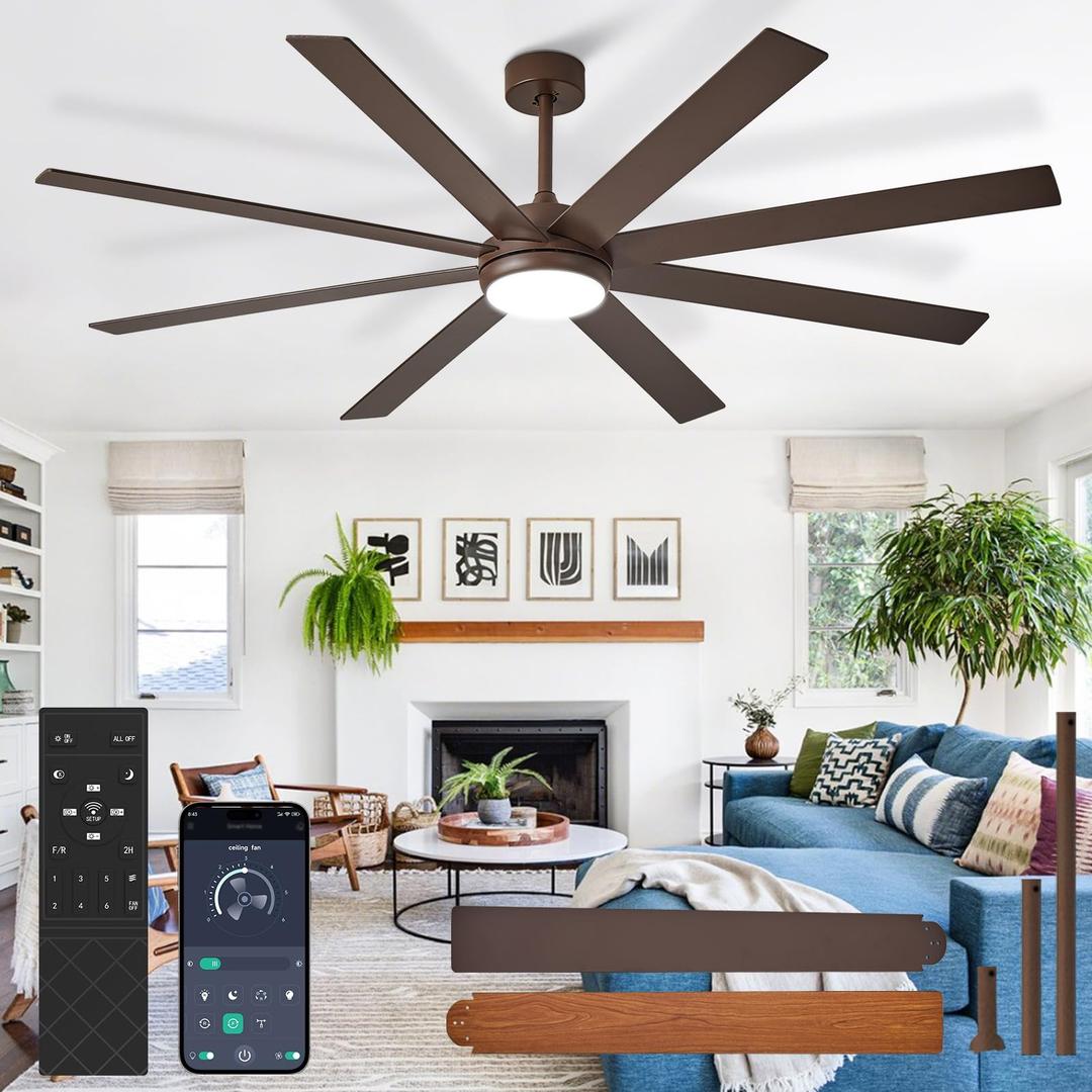BvenuBigLite Large Ceiling Fan with Light: 72 Inch Indoor/Outdoor Fan Reversible DC Motor 6 Speed - Dual 8 Blades Big Ceiling Fans with Lights Dimmable 3CCT for Living Room Covered Patio, Brown