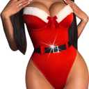 RSLOVE Christmas Lingerie for Women Sexy Teddy Bodysuit One Piece Santa Babydoll with Belt (Red)
