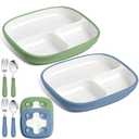 Teenyyou 2 Pcs 8.2" Large Kids Porcelain Plates with Silicone Sleeves Toddlers Divided Plates Extra Deep White Porcelain Dishes 2 Pack Spoons and Forks Set Microwave Dishwasher Friendly(Blue,Green)