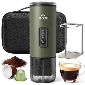 Portable Espresso Maker, 3 in 1 Coffee Maker Set with Carrying Bag and Coffee Stand, Coffee Machine Works with Ground Coffee & Capsule Pod, SelfHeating Brewer with USBC for Travel, Hiking, Office, Forest Green