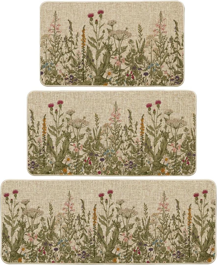 Artoid Mode Wildflower Spring Floral Kitchen Mats Set of 3, Flowers Summer Holiday Party Low-Profile Floor Mat for Home Kitchen - 17"x29"+17"x36"+17"x47" (Beige)