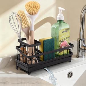 Sponge Holder for Kitchen Sink, Sink Caddy Organizer with High Brush Holder, Kitchen Countertop Organizers and Storage Essentials, Kitchen Decor, Rustproof 304 Stainless Steel