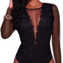 RARITYUS Women Sexy Lace Bodysuit Jumpsuit See Through Mesh Sleeveless/Long Sleeve Tops Swimsuit for Party Outfit (Small)