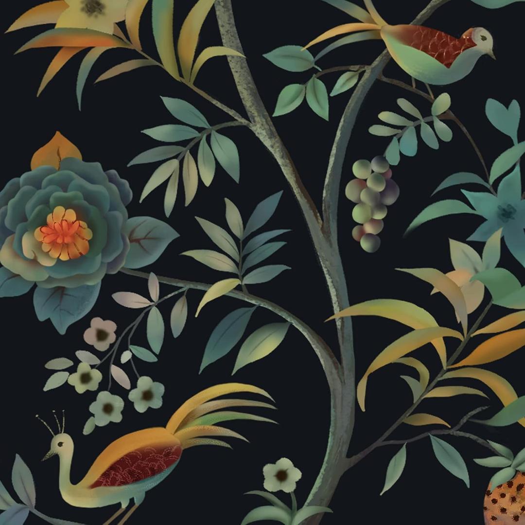 Peel and Stick Wallpaper Vintage Floral Wallpaper Black Flower Bird Tree Contact Paper Self Adhesive Removable Wallpaper Retro Wall Decorative Vinyl Roll 16.1''x196.8''