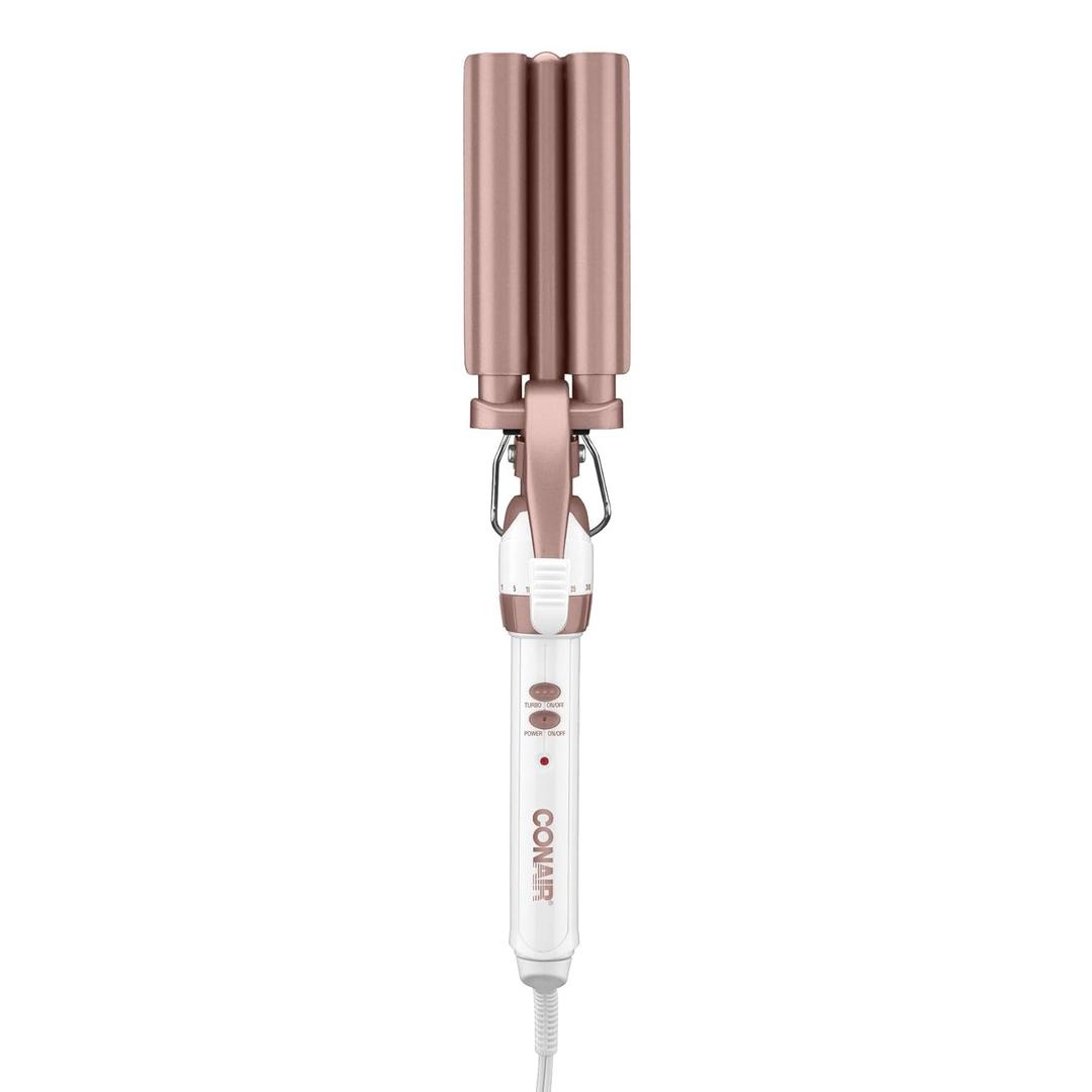 Conair Double Ceramic 3 Barrel Curling Iron, Hair Waver, Create Beachy Waves, Long-Lasting Natural Tight Waves for all Hair Lengths, White / Rose Gold