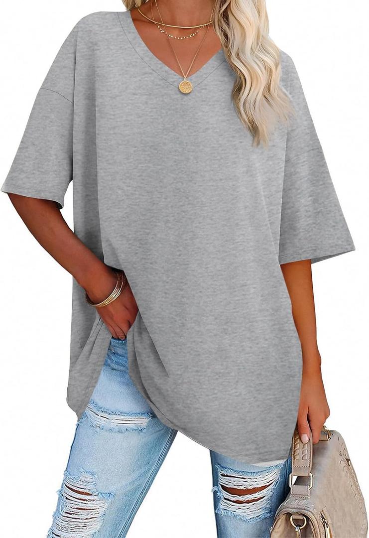 Ebifin Womens Oversized Tshirts V Neck Tee Shirts Half Sleeve Loose Fit T Shirt Cotton Tunic Tops (Gray), XL