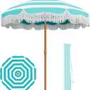 AreShark 7ft Patio Umbrella with Fringe, UPF50+ Beach Umbrella for Table, Pool & Garden, Portable Outdoor Tassels Umbrella w/Fiberglass Ribs&Push Bottom Tilt(Blue and White Stripe)