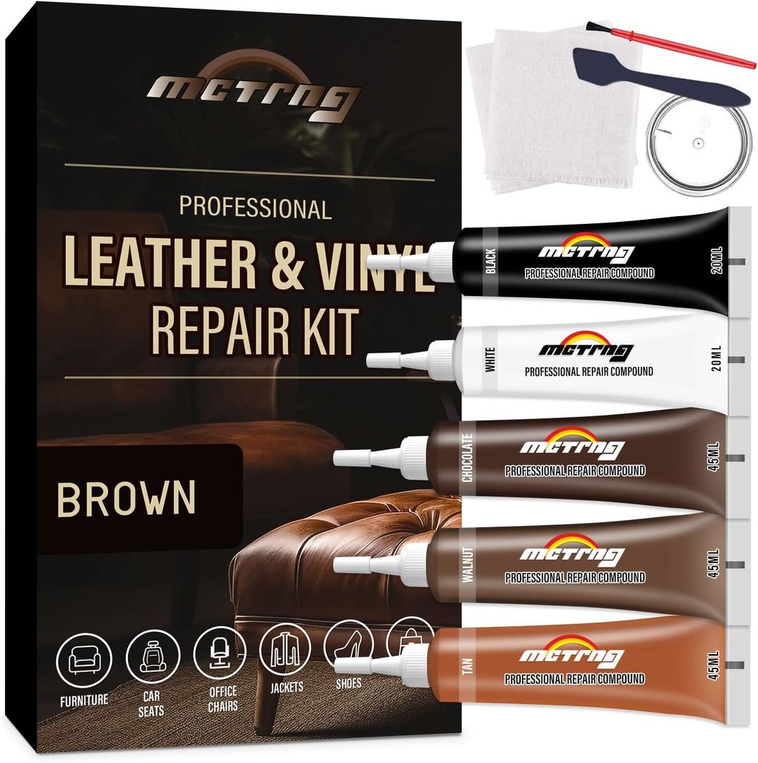 Brown Leather & Vinyl Repair Kit, Faux Leather Couch Repair Kit for Cat Scratch, Rips, Cracks on Couch, Sofa, Furniture, Car Seats, Shoes, Jacket, Purse, for Artificial, Bonded, Genuine Pleather