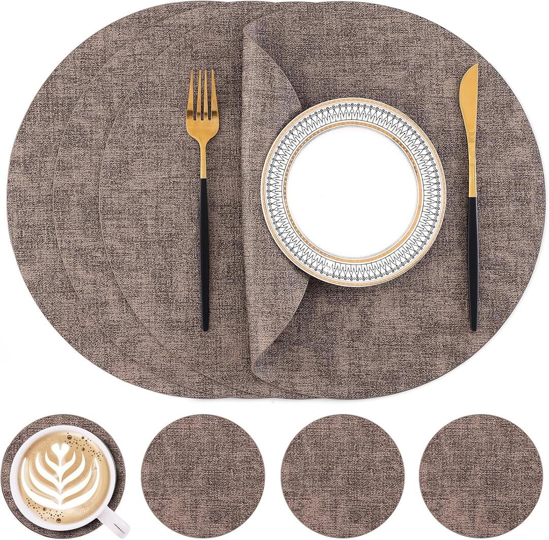 Homaxy Round Faux Leather Placemats and Coasters, Washable Dual-Side Table Mats, Wipeable Heat-Resistant Dining Place Mats for Outdoor and Indoor, Set of 4, Diameter 13 and 3.93 inch, Dark Brown