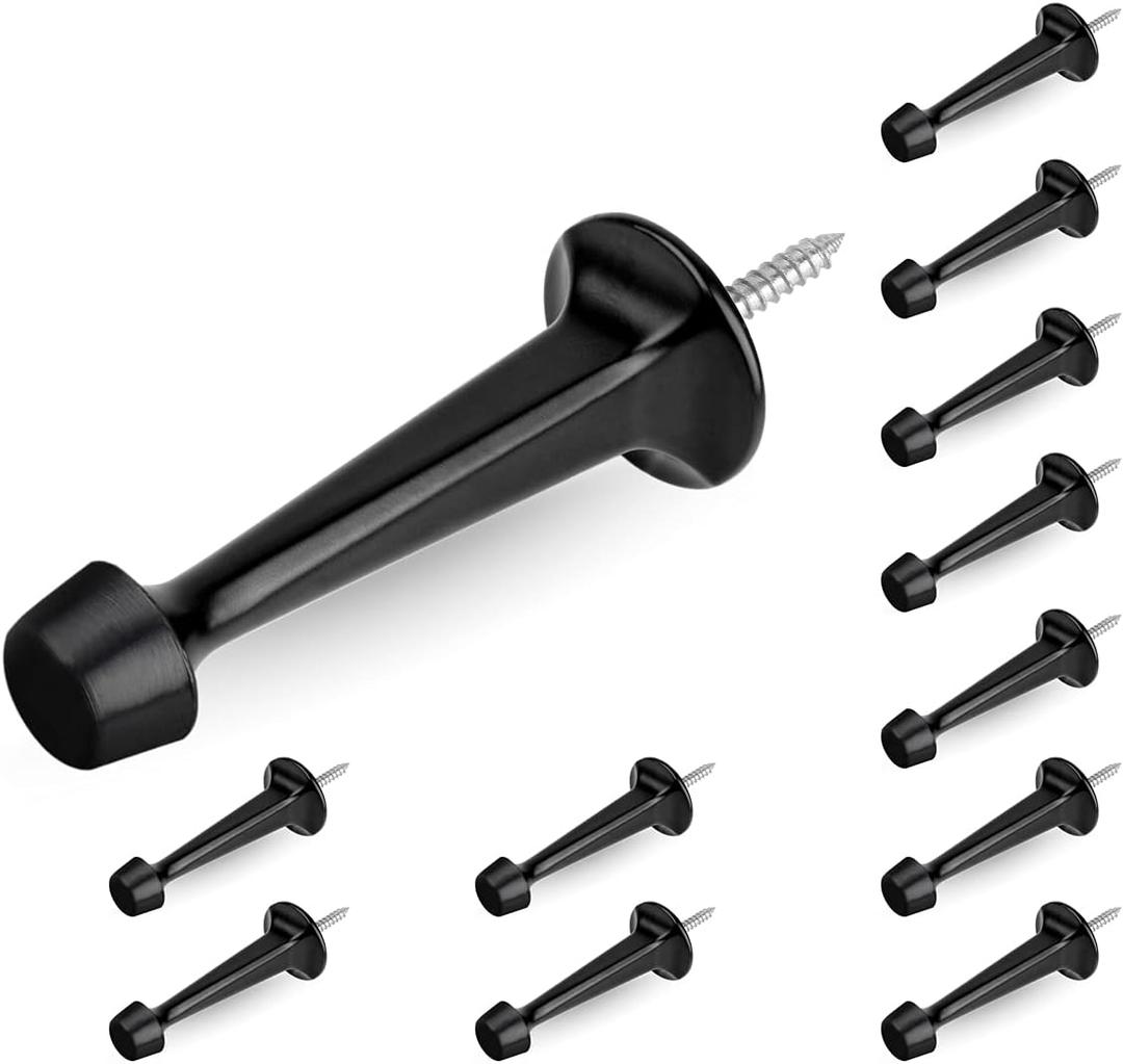 HOMOTEK 12 Pack Heavy Duty Solid Rigid Door Stop with Soft Rubber Tip, Zinc Die Cast Door Stopper Protect Wall & Door, Black