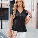 Blooming Jelly Womens Satin Silk Tops Pleated Dressy Casual Blouse V Neck Business Outfit Short Sleeves Summer Top (Black,XL) (Black, XL)