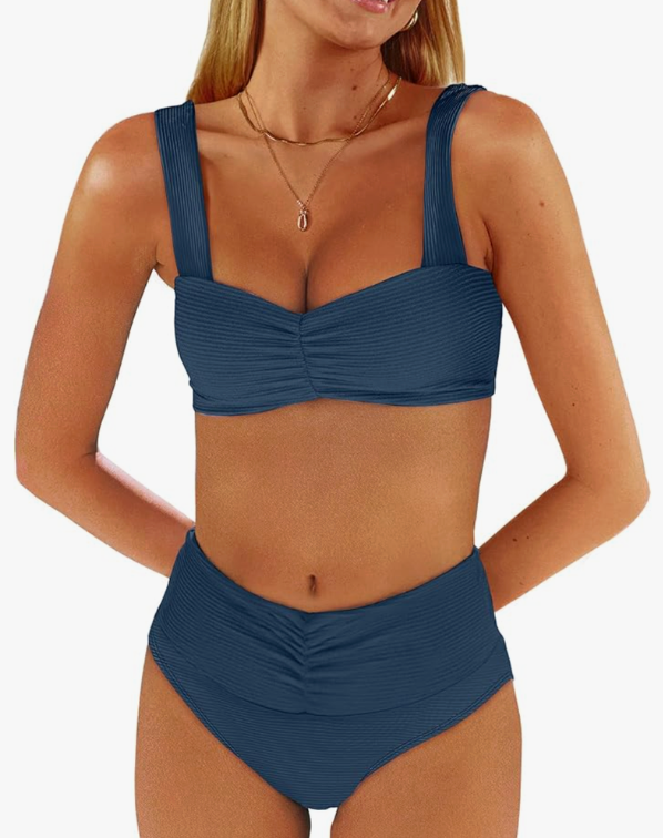 ANRABESS Bathing Suit for Women Tummy Control Bikini Set 2025 Beach Front Ruched Mid Waist Swimsuit with Adjustable Straps L