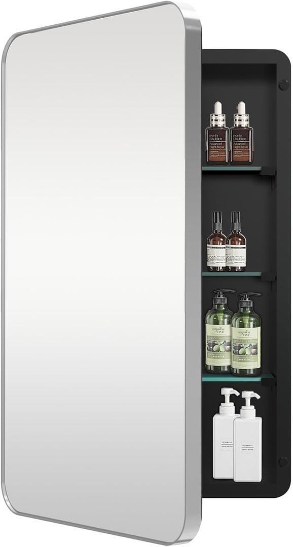 16x20inch Bathroom Medicine Cabinet, Mirror Door with Stainless Steel Brush Silver Frame, Recessed & Surface Wall Cabinet with Removable Glass Shelves, Water-Proof Bathroom Storage Cabinet
