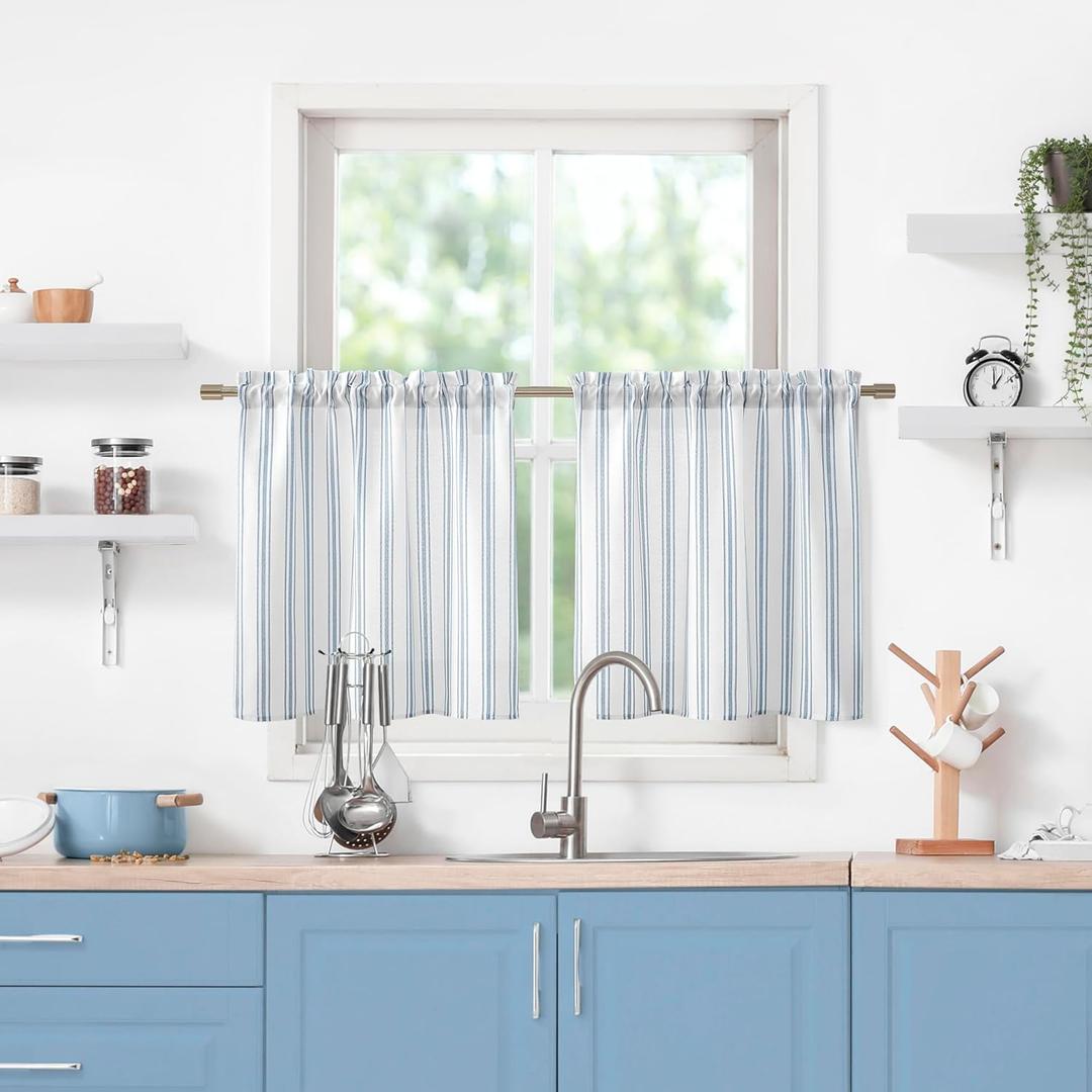 ZJDECOR Farmhouse Cotton Blended Tiers Cafe Curtains 24 Inches Long,Blue Vertical Stripe on White Rustic Light Filtering Small Window Curtain for Bathroom RV,Rod Pocket,27"Wx24L(Pack of 2),Blue/White