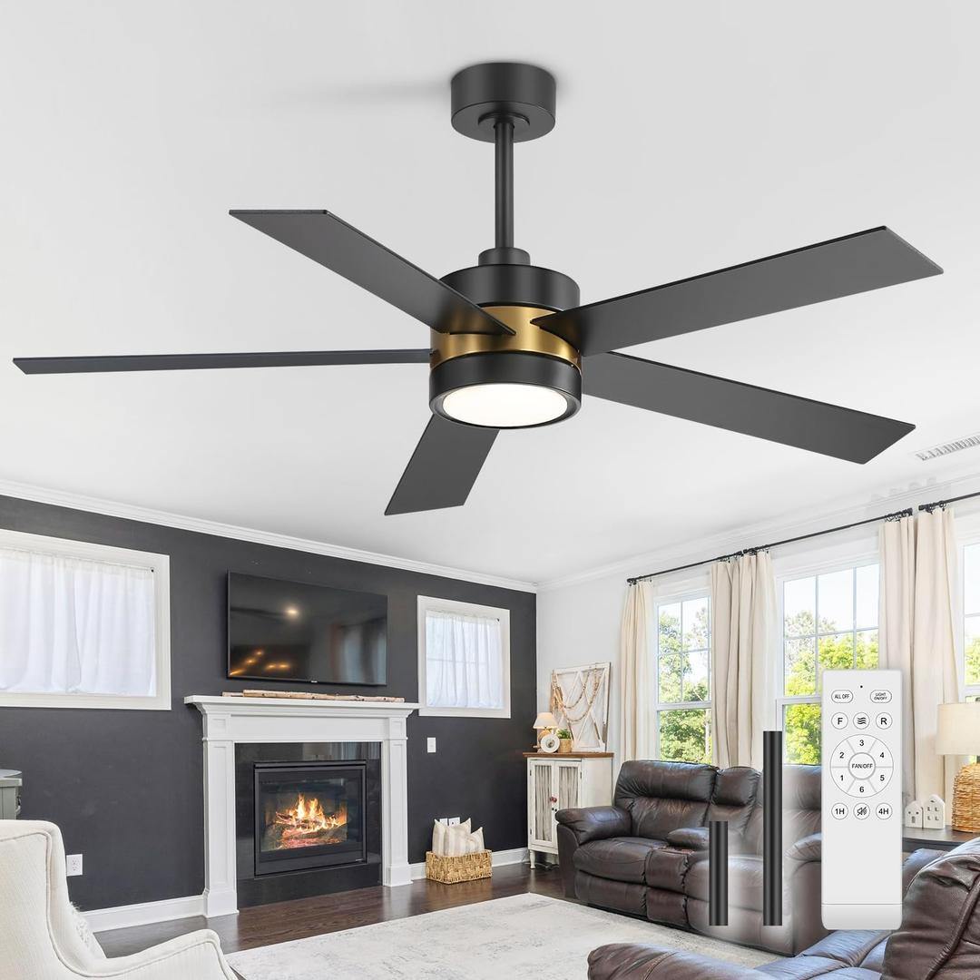Ceiling Fan with Light, 52 Inch Modern Industrial Ceiling Fan with Reversible DC Motor, Downrod Mount Black and Gold Ceiling Fans LED Lights for Living Room Bedroom (Matte Black & Gold)