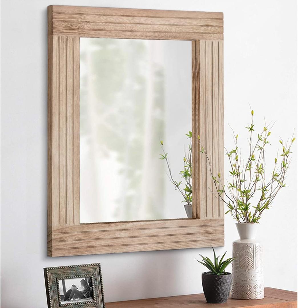 Rectangle Mirror Retro Wooden Wall-Mounted Mirrors Farmhouse Bedroom Bathroom Vanity Entrance Decorative Antique Hanging Mirror Large 26"x18" (26"L x 18"W, Crude Wood)