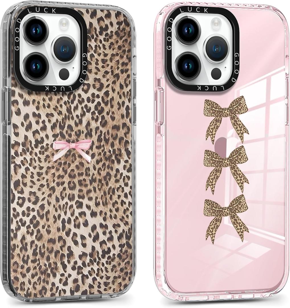 2 Pack Cute Cheetah Print Phone Case for iPhone 13 Pro Max Pink Bow Case 6.7", Clear Coquette Fashion Luxury Leopard Pattern Design Girls Women Funda Shockproof Soft TPU Protection Cover