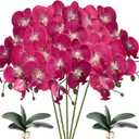 HinyoCo 5 Pcs Artificial Orchid Flowers and 2 Bundles Leaves,Artificial Phalaenopsis Flowers 32 Inch Stem Plants for Home Wedding Decoration (Rose red Spots)