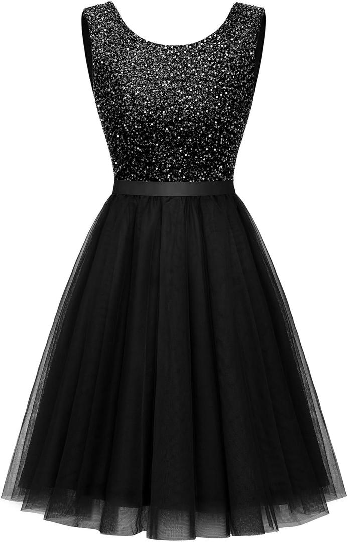 BeryLove Women's Short Sequin Party Dress Sleeveless Boat Neck Prom Wedding Formal Homecoming Dresses for Teens Cocktail Evening Gown S002 Black 3XL