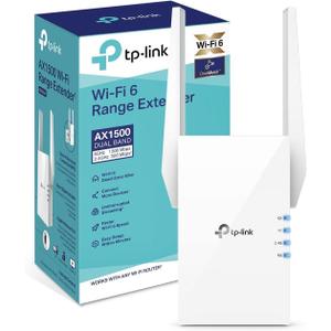 TP-Link AX1500 WiFi Extender Internet Booster, WiFi 6 Range Extender Covers up to 1500 sq.ft and 25 Devices,Dual Band up to 1.5Gbps Speed, AP Mode w/Gigabit Port, APP Setup, OneMesh Compatible(RE505X)
