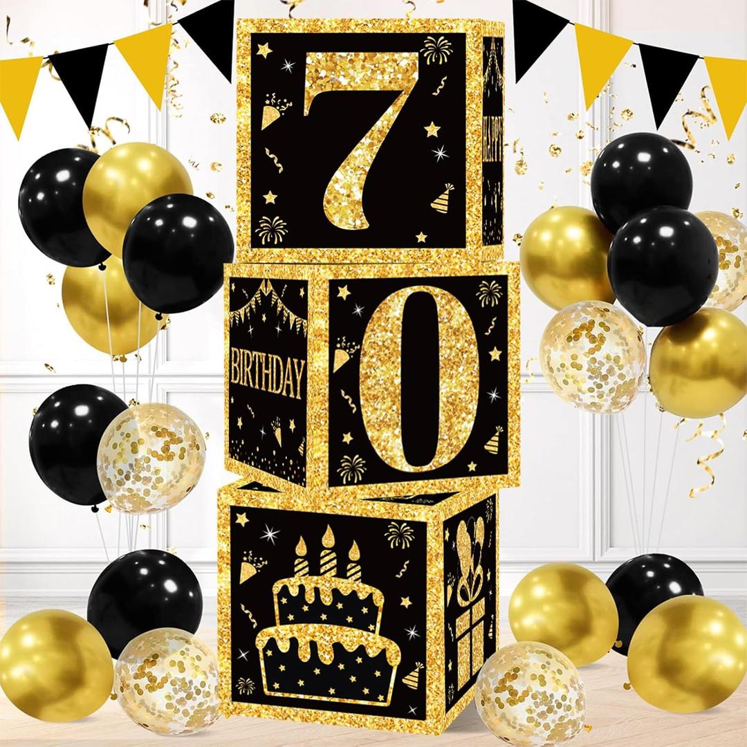 70th Birthday Decorations Boxes for Men- 3PCS Black Gold Happy 70th Birthday Balloons Boxes, 70 Year Old Party Supplies for Men Women