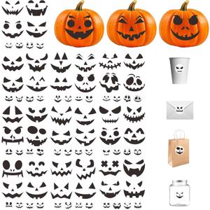 Gustum 80 Designs Pumpkin Stickers for Decorating, Jack-O'-Lantern Face Craft Decals, Pumpkin Carving Stickers Kit, Halloween Decorations Supplies Trick or Treat Party Favors for Kids