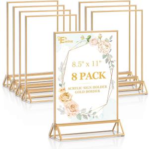 EHWINE 8 Pack Acrylic Sign Holder 8.5 x 11, Double Sided Gold Picture Frame Stand up Table Top Sign Holders, Clear Display Stand Menu Flyer Holder for Wedding Party (Provide Non-slip Mats)