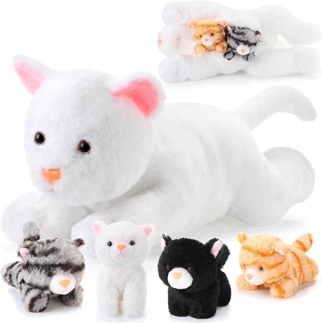 Skylety 5 Pieces Cat Stuffed Animal with Babies Inside Belly Plush Cat Pregnant Mommy Kitty with 4 Cute Fluffy Stuffed Kittens Christmas Birthday Surprise Gifts (White)