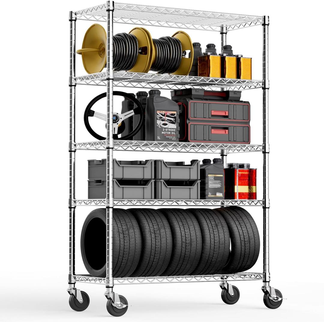 Steel Storage Shelving 5-Tier Utility Shelving Unit with Wheels, Steel Organizer Wire Rack for Home,Kitchen,Office,Garage,17.7" D x 47.2" W x 76.7" H-Chrome