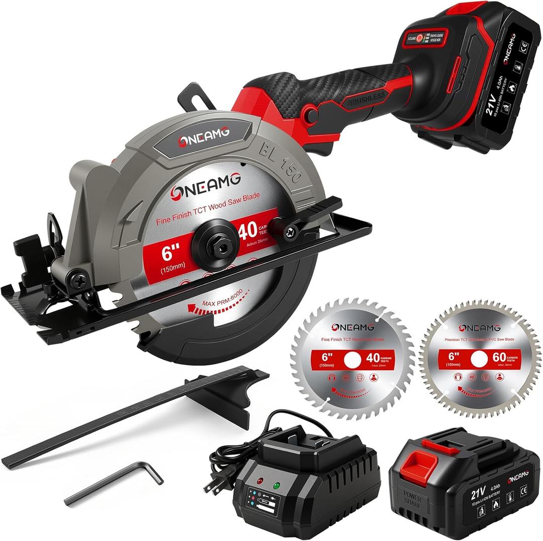6" Cordless Circular Saw, 21V Compact Wireless Circular Saw, 4.0Ah Battery, 5800RPM, Max Cut 2-1/6" (90), 1-1/4" (45),w/40T & 60T Blades,Fast Charger (1Hr),Applicable to Wood,Aluminum & Plastic